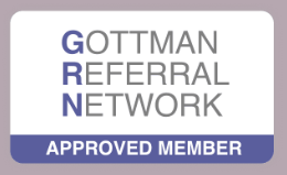 Gottman Referral Network Icon with grey letters on a white background; Approved Member written below in white text with a green backgrouns